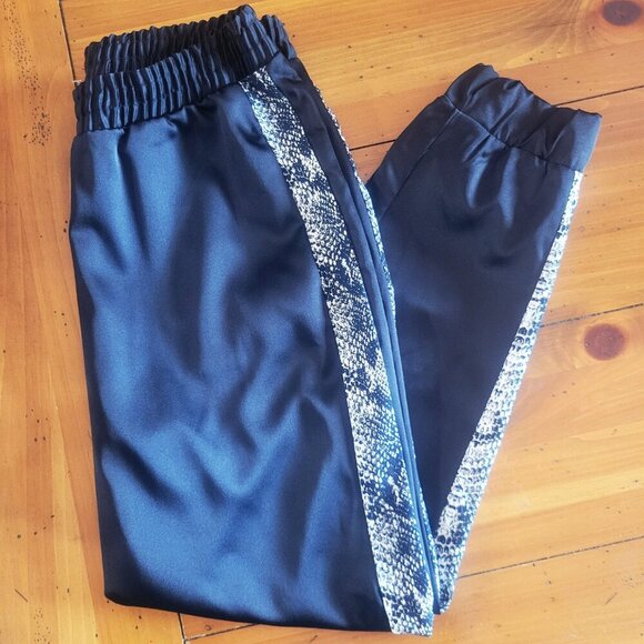 ZARA Women's Black Satiny Joggers w/Snakeskin Pattern Side Stripes - Size M - Picture 1 of 15